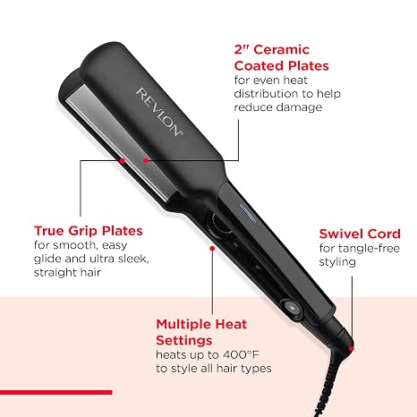 REVLON Ceramic Coated 2-Inch Flat Iron Hair Straightener – Black