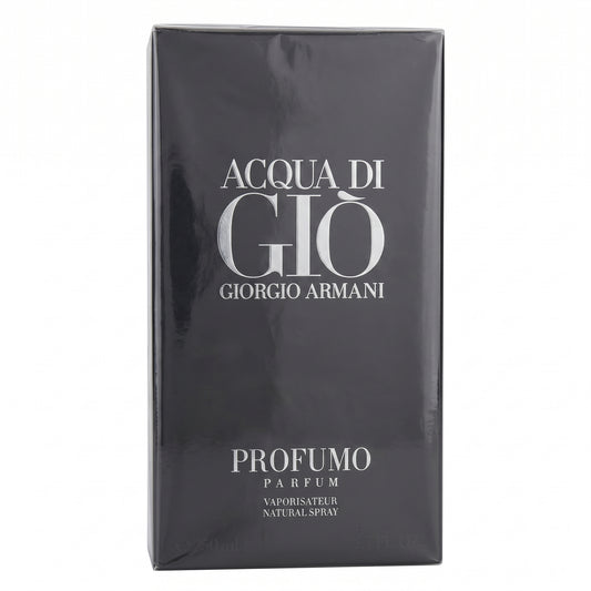 Black packaging of Acqua di Giò by Giorgio Armani on a white background