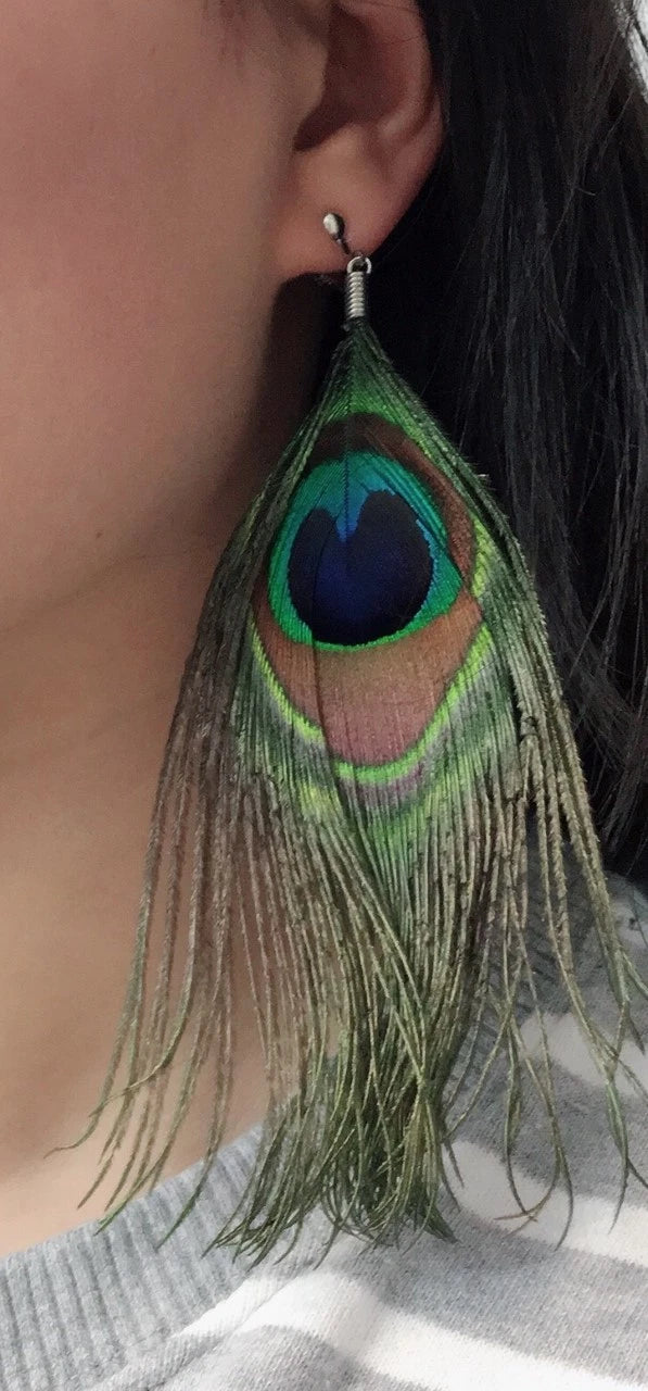 Genuine Peacock Feather Statement Earrings for Women – Large Boho Fashion Earrings