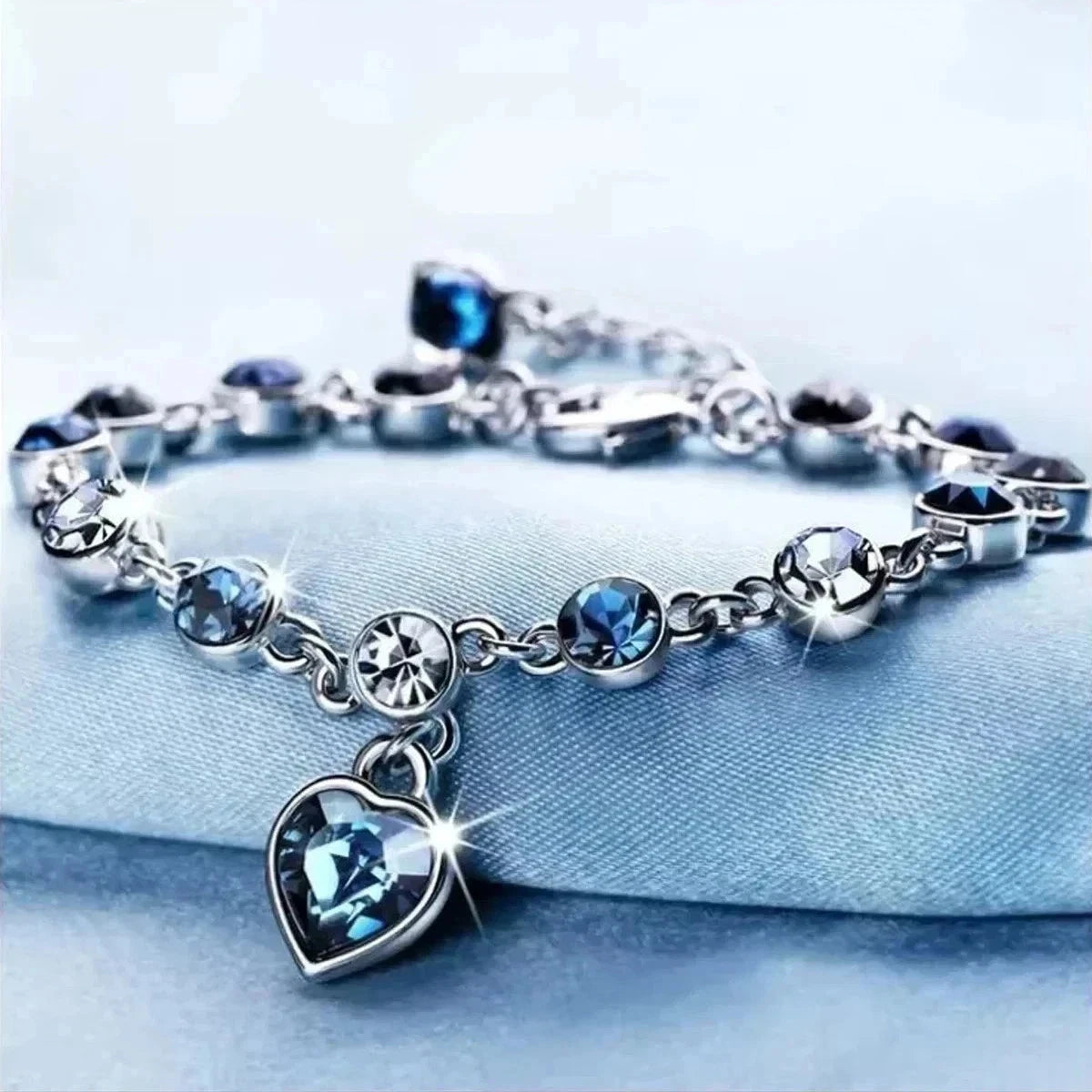 Sterling Silver Crystal Love Heart Linked Charm Bracelet for Women