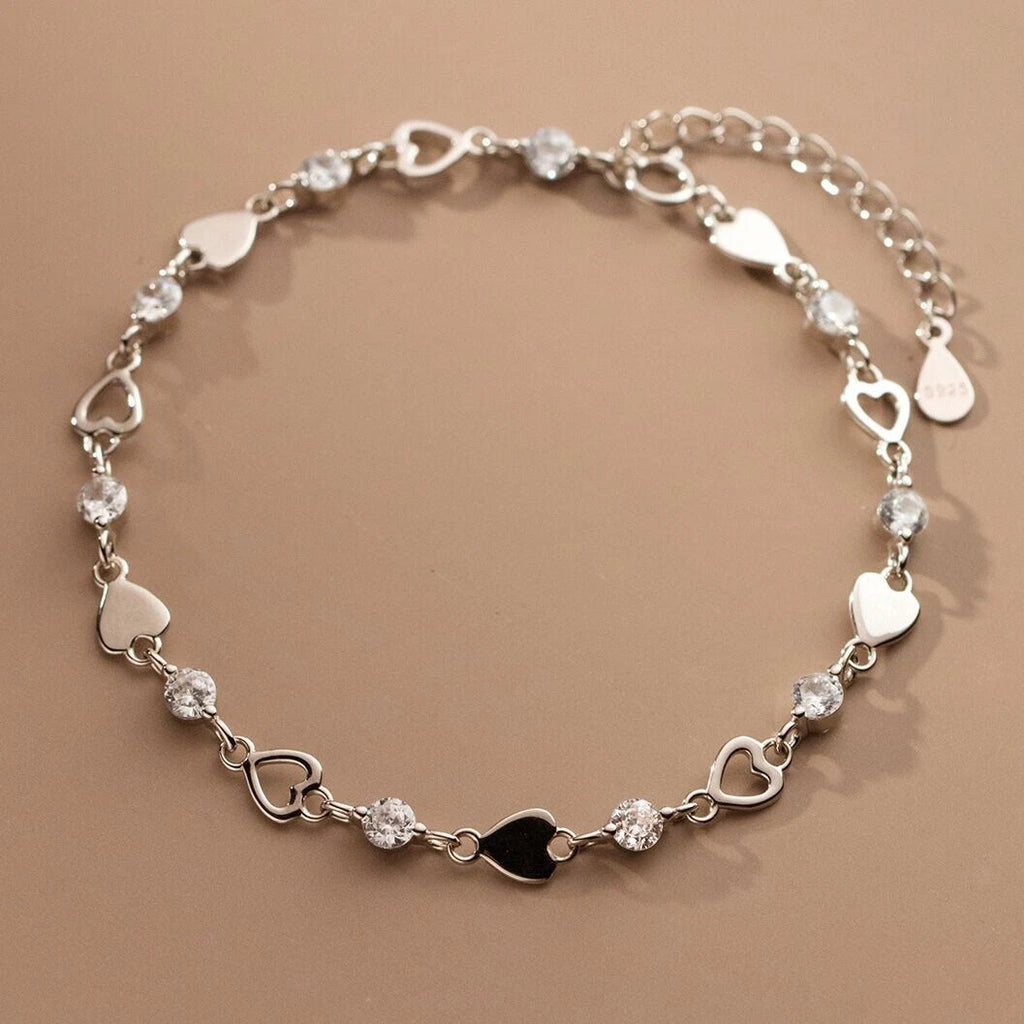 925 Sterling Silver Crystal Hollow Heart Charm Bracelet for Women