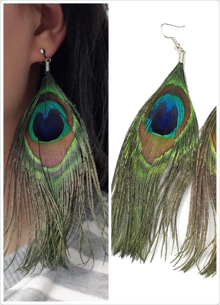 Genuine Peacock Feather Statement Earrings for Women – Large Boho Fashion Earrings